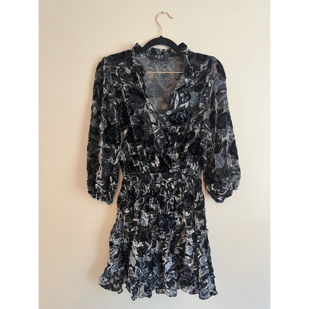 O.P.T. Dress Size M Black burnout Velvet Tiered Mini Goth Romantic Anthropologie